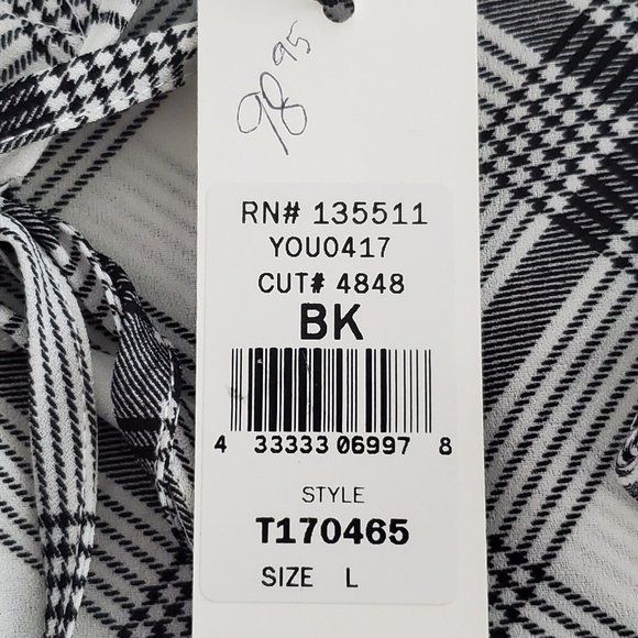 Why Dress Womens Black Plaid Ruffled Sleeve Tie Front Blouse Size L Career NWT - Picture 4 of 9